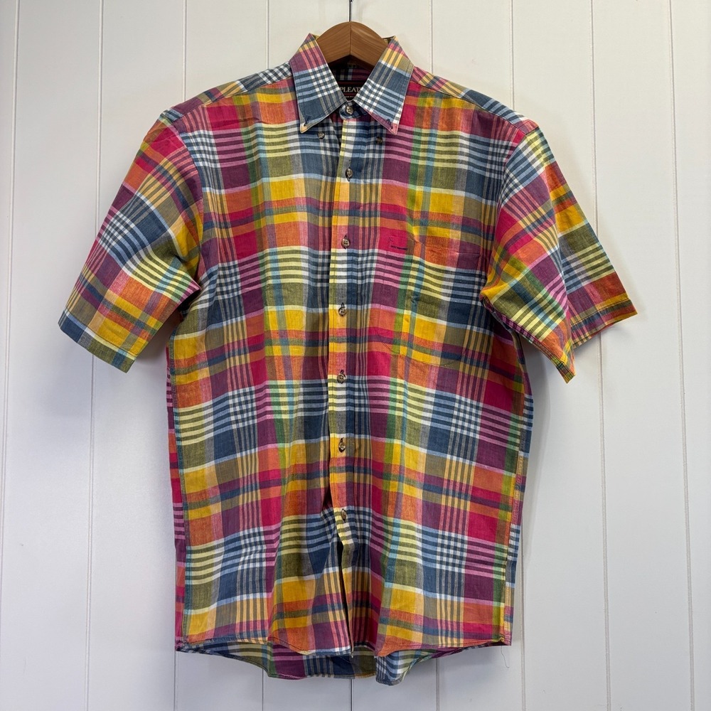 Pleats Mens Preppy Plaid Button Down Short Sleeve Shirt Size M Business Casual